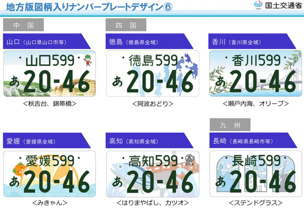 第1弾 地方版図柄入りナンバープレート（山口、徳島、香川、愛媛、高知、長崎）